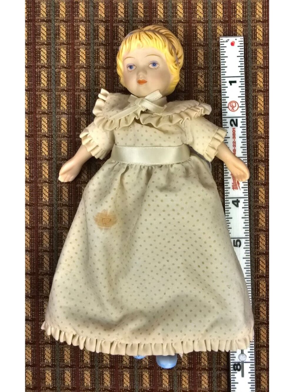 1983 Avon Porcelain Doll In Polka Dot Dress With Blonde Hair & Blue Shoes